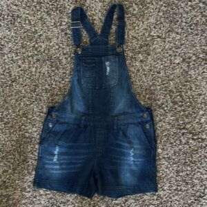 Madden Girl Denim Distressed Shortalls Blue Romper, Size Large, Like New, Shorts